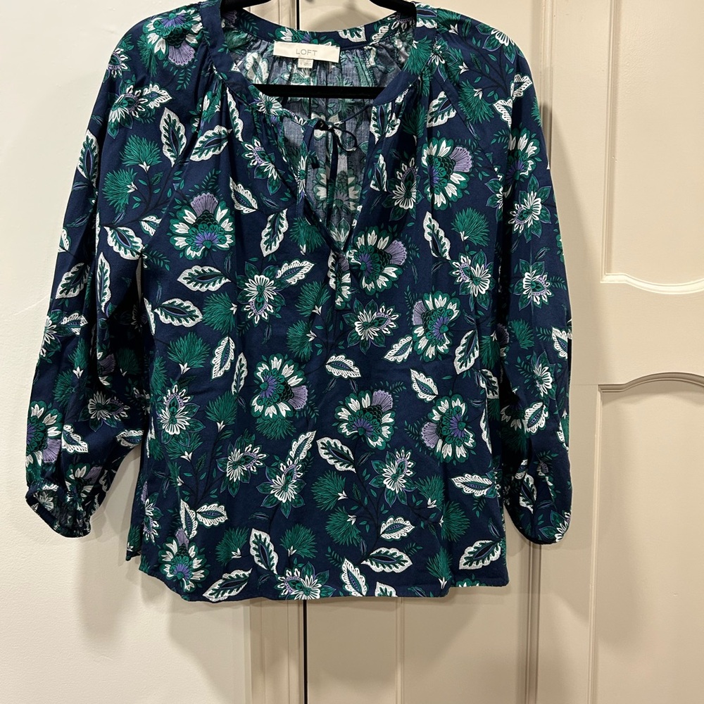 LOFT Navy Blue Puff Sleeve Relaxed Blouse